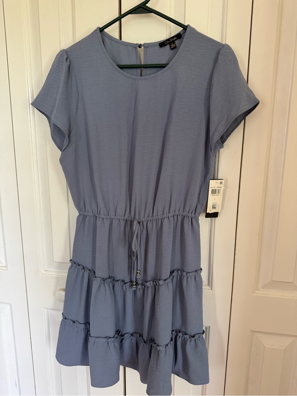 City Studio Dusty Blue Tiered Drawstring Short Sleeve Mini Dress